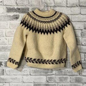 Vintage Nordic Fair Isle Sweater Ivory Hand Knit Wool Icelandic Winter Pullover
